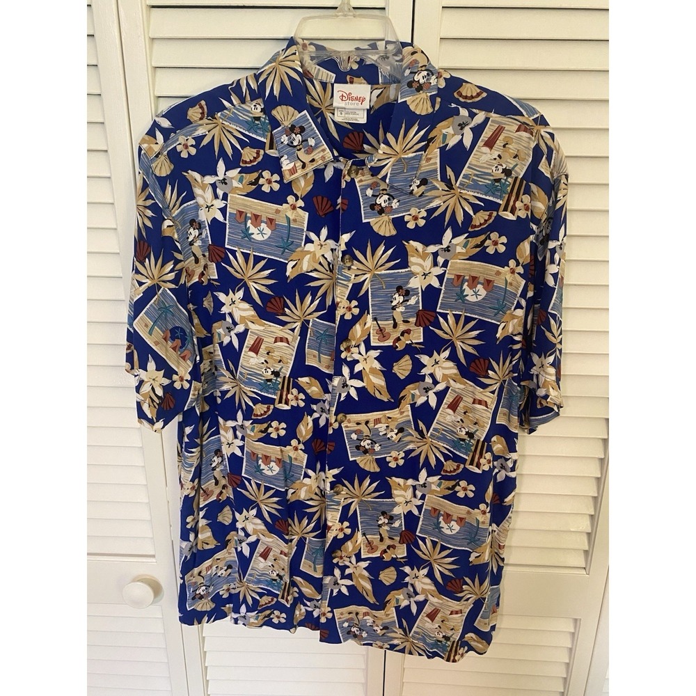VINTAGE Disney Store Mickey & Minnie Hawaiian Shirt Blue Rayon Aloha Camp Small
